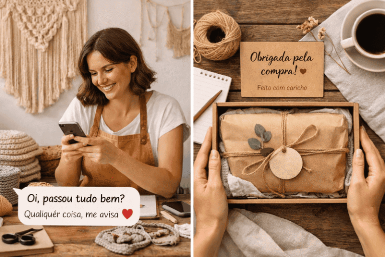 Artesã olhando para o celular e fazendo um bom atendimento ao cliente que comprou seu artesanato