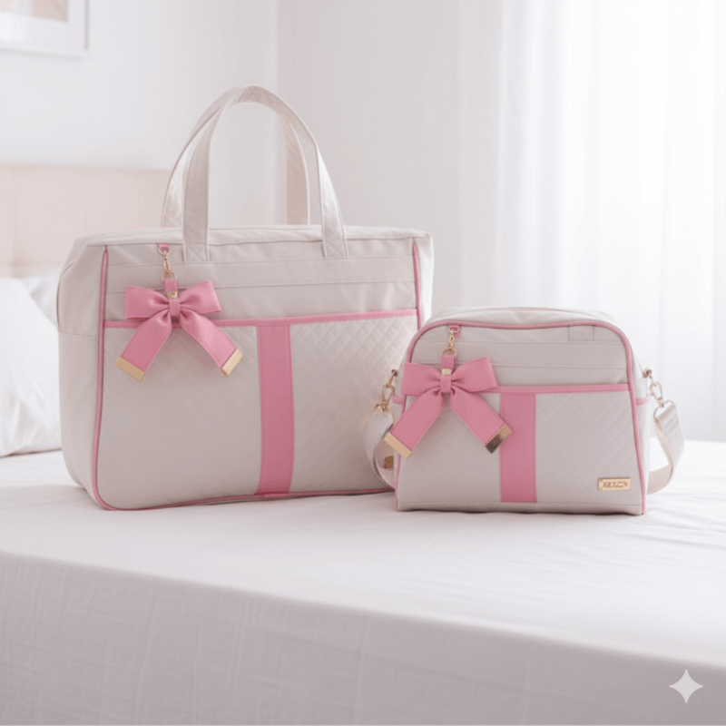 Trabalhar em casa com artesanato - duas bolsas maternidade decoradas com laço, sendo uma grande e uma menor, em cima da cama