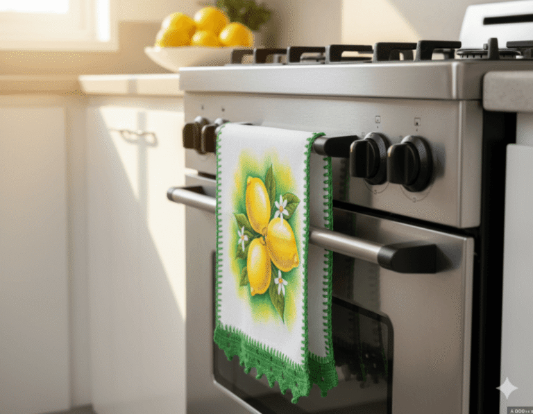 Trabalhar em casa com artesanato - pano de prato pendurado na alça do forno do fogão